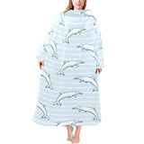 Dolphin blue striped background Blanket Robe with Sleeves