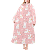 Cute white rabbit flower pink background Blanket Robe with Sleeves