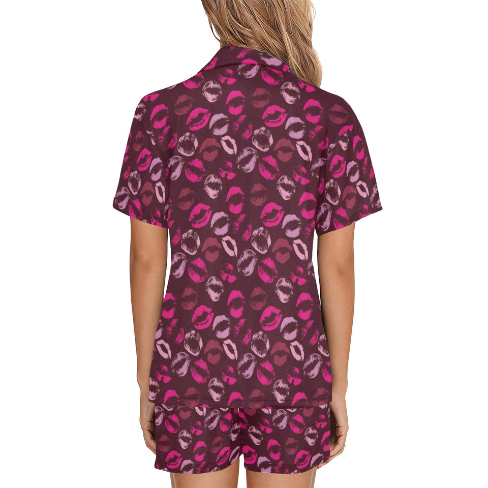 Lips Pattern Print Design 03 Women's V-Neck Short Pajama Set