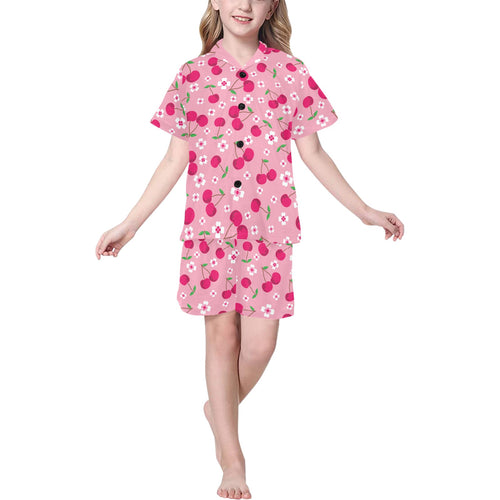 cherry flower pattern pink background Kids' Boys' Girls' V-Neck Short Pajama Set