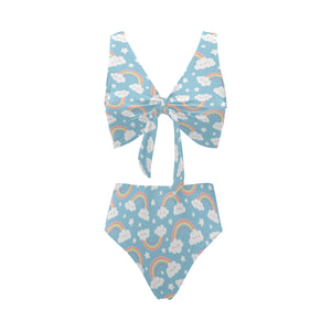 Cute rainbow clound star pattern blue background Chest Bowknot High Waisted Bikini Swimsuit