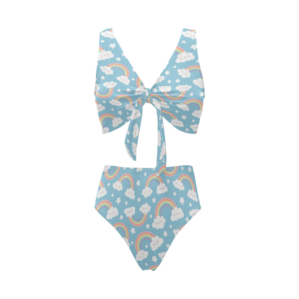 Cute rainbow clound star pattern blue background Chest Bowknot High Waisted Bikini Swimsuit