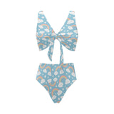 Cute rainbow clound star pattern blue background Chest Bowknot High Waisted Bikini Swimsuit