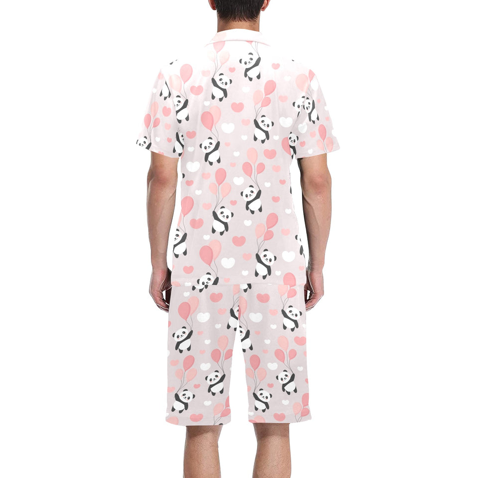 Cute panda ballon heart pattern Men's V-Neck Short Pajama Set
