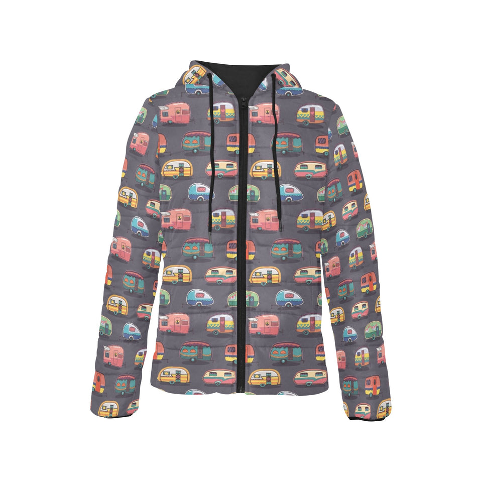 Camper Van Pattern Print Design 02 Women's Padded Hooded Jacket