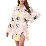 Cute bee flower pattern pink background Women's Long Sleeve Belted Night Robe