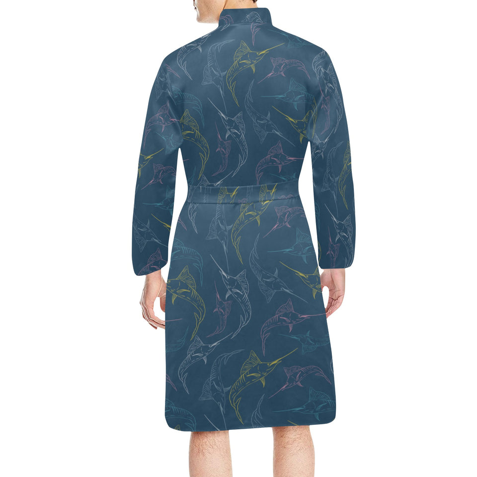 Swordfish Pattern Print Design 02 Men's Long Sleeve Belted Night Robe