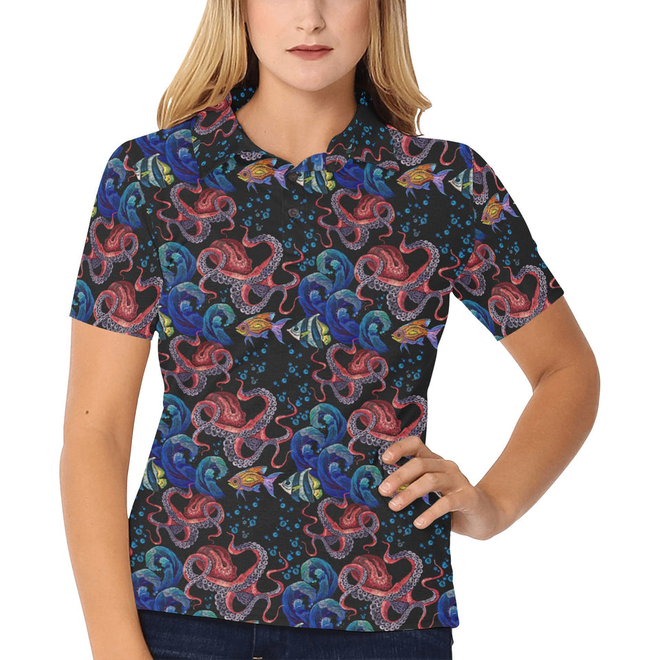 Octopus sea wave tropical fishe pattern Women's All Over Print Polo Shirt