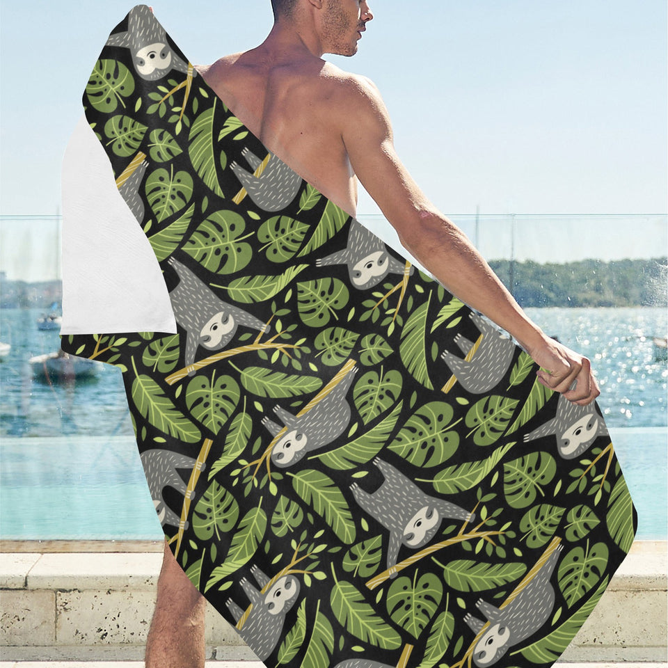 Cute sloths tropical palm leaves black background Beach Towel