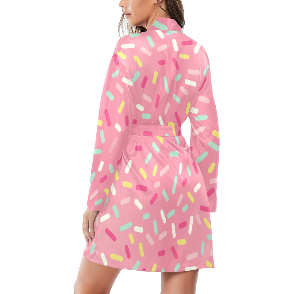 Pink donut glaze candy pattern Women's Long Sleeve Belted Night Robe