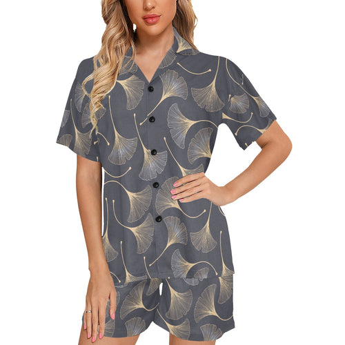 Gold ginkgo leaves Women's V-Neck Short Pajama Set