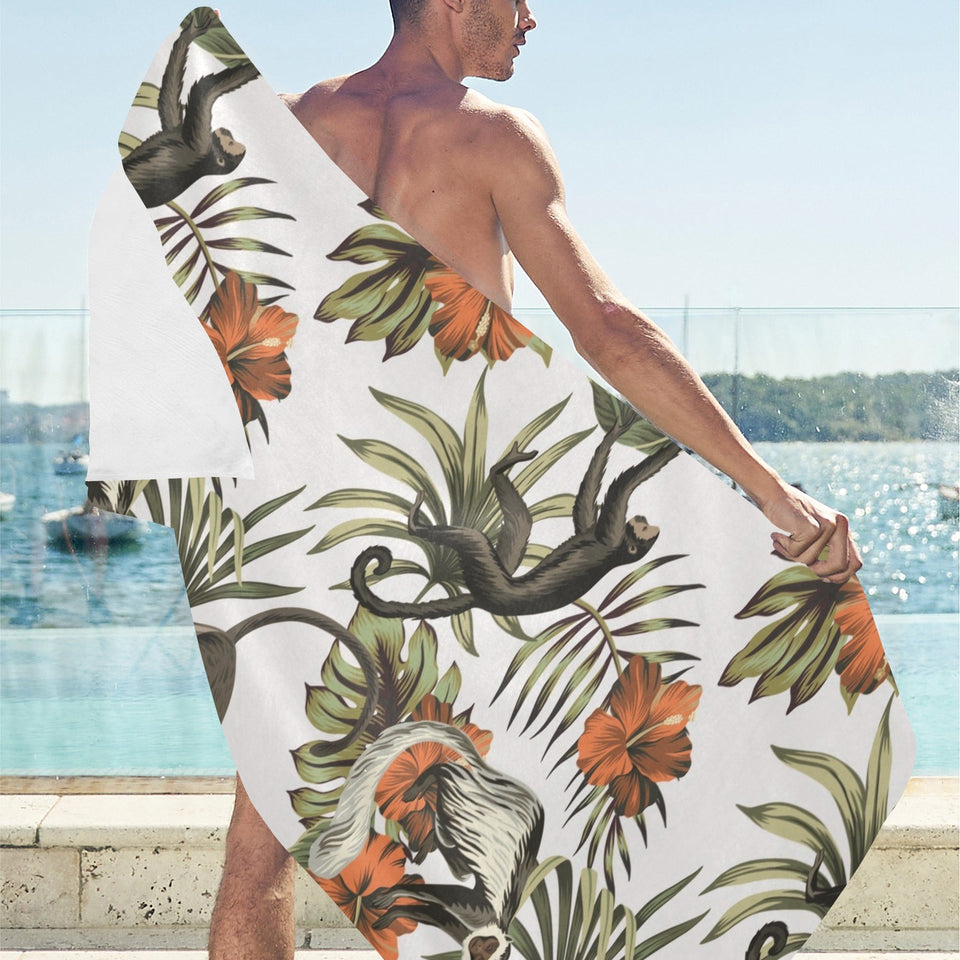 Monkey red hibiscus flower palm leaves floral patt Beach Towel