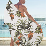 Monkey red hibiscus flower palm leaves floral patt Beach Towel