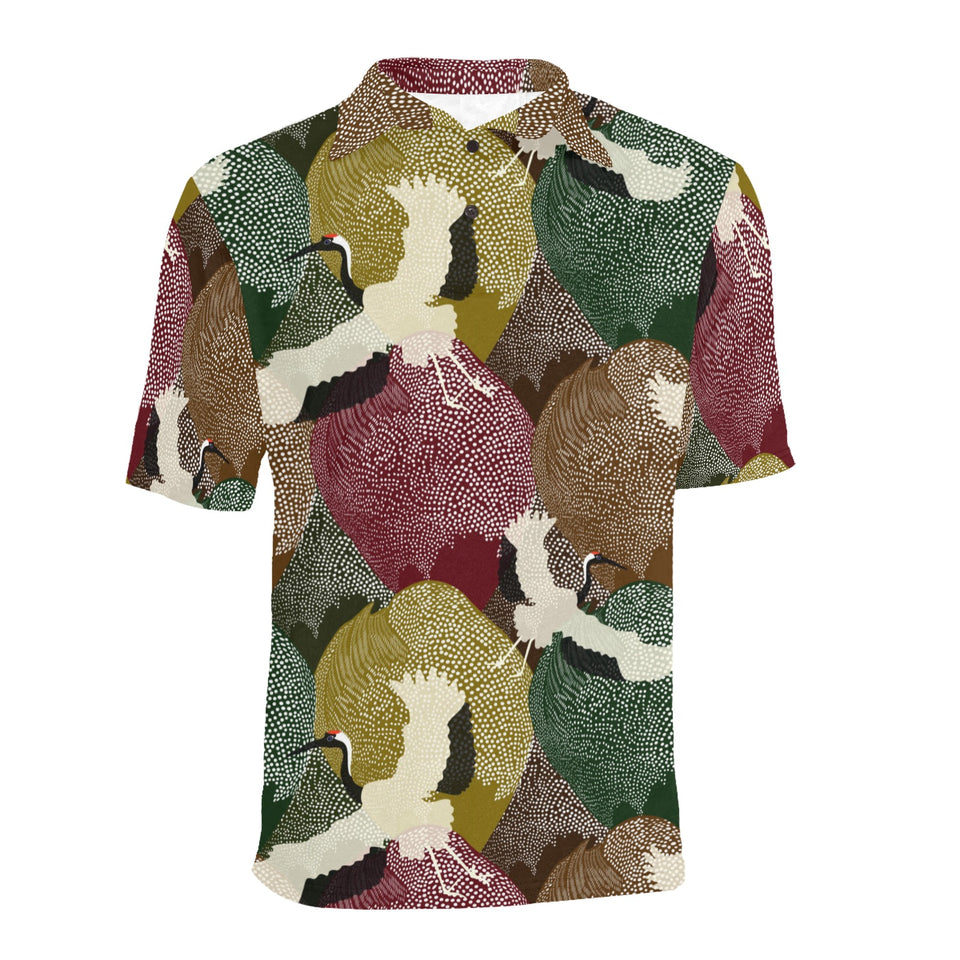 Japanese cranes flying forest dot pattern Men's All Over Print Polo Shirt