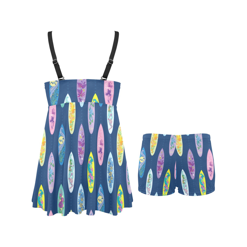 Surfboard Pattern Print Design 03 Chest Sexy Pleated Two Piece Swim Dress
