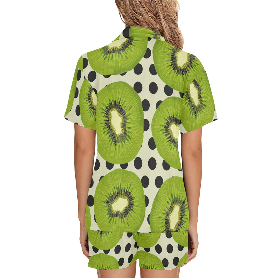 kiwi black dot background Women's V-Neck Short Pajama Set