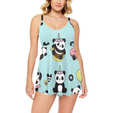 Cute baby panda pattern Chest Sexy Pleated Two Piece Swim Dress