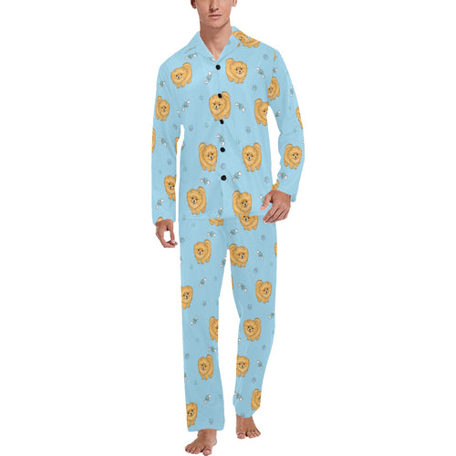 Brown cute pomeranian blue blackground Men's Long Pajama Set