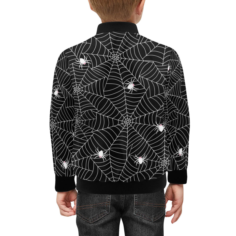 Spider web design pattern Black background white c Kids' Boys' Girls' Bomber Jacket