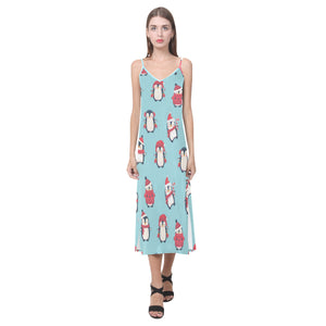 Cute penguin christmas  design pattern V-Neck Open Fork Long Dress
