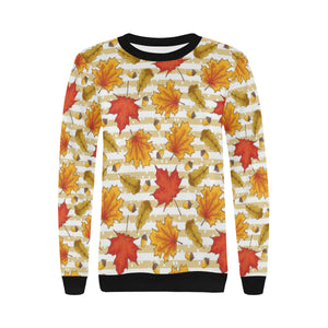 Maple leaf oak leaf acorns beige striped backgroun Women's Crew Neck Sweatshirt