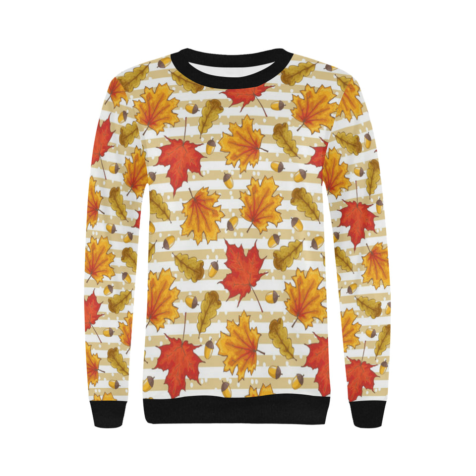 Maple leaf oak leaf acorns beige striped backgroun Women's Crew Neck Sweatshirt