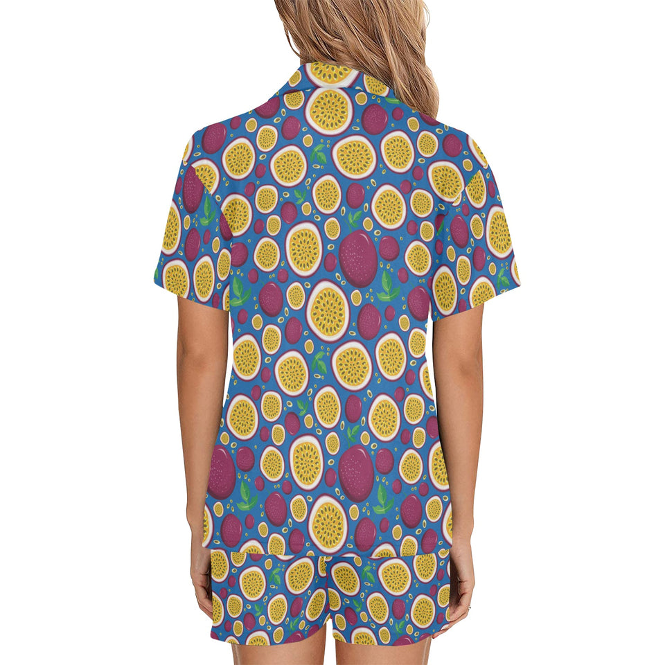 Passion fruit blue background Women's V-Neck Short Pajama Set