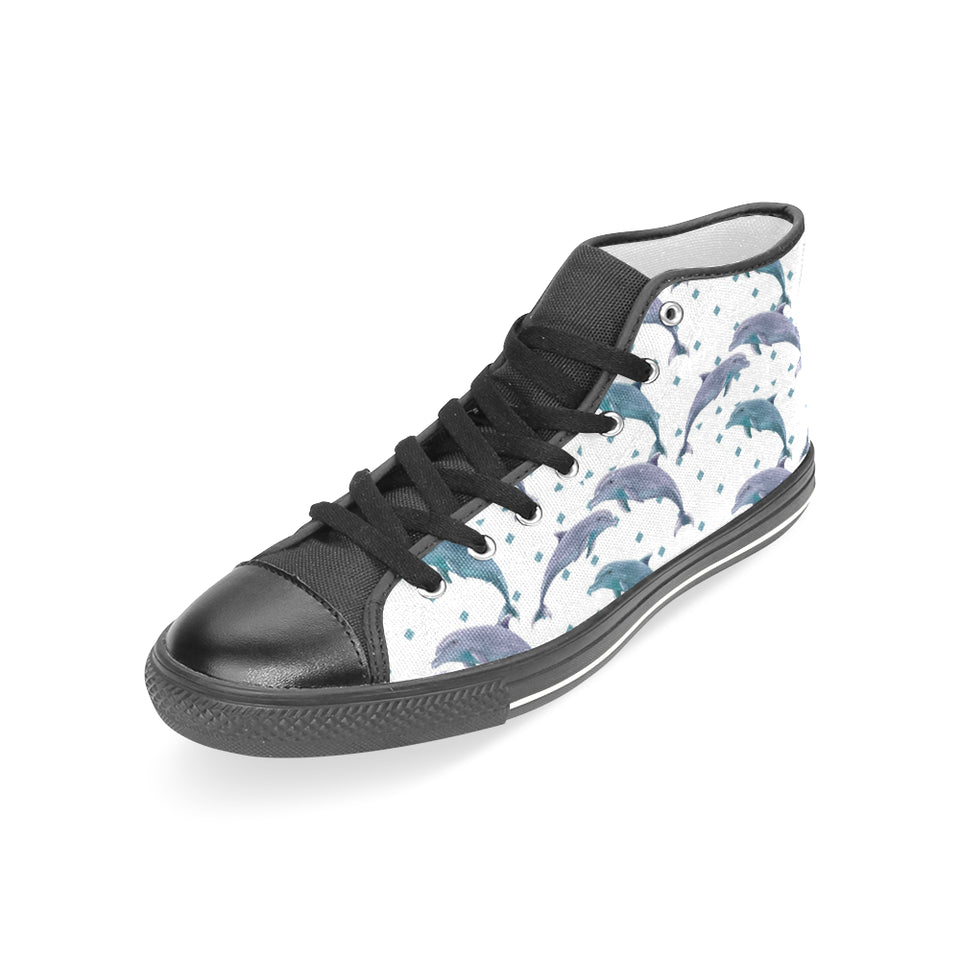 Dolphins pattern dotted background Women's High Top Canvas Shoes Black