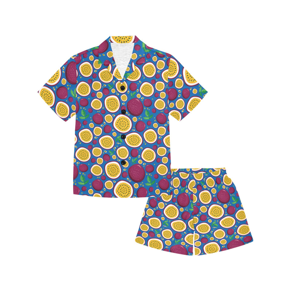 Passion fruit blue background Kids' Boys' Girls' V-Neck Short Pajama Set
