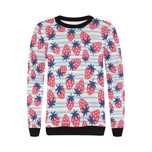 Strawberry pattern blue lines background Women's Crew Neck Sweatshirt