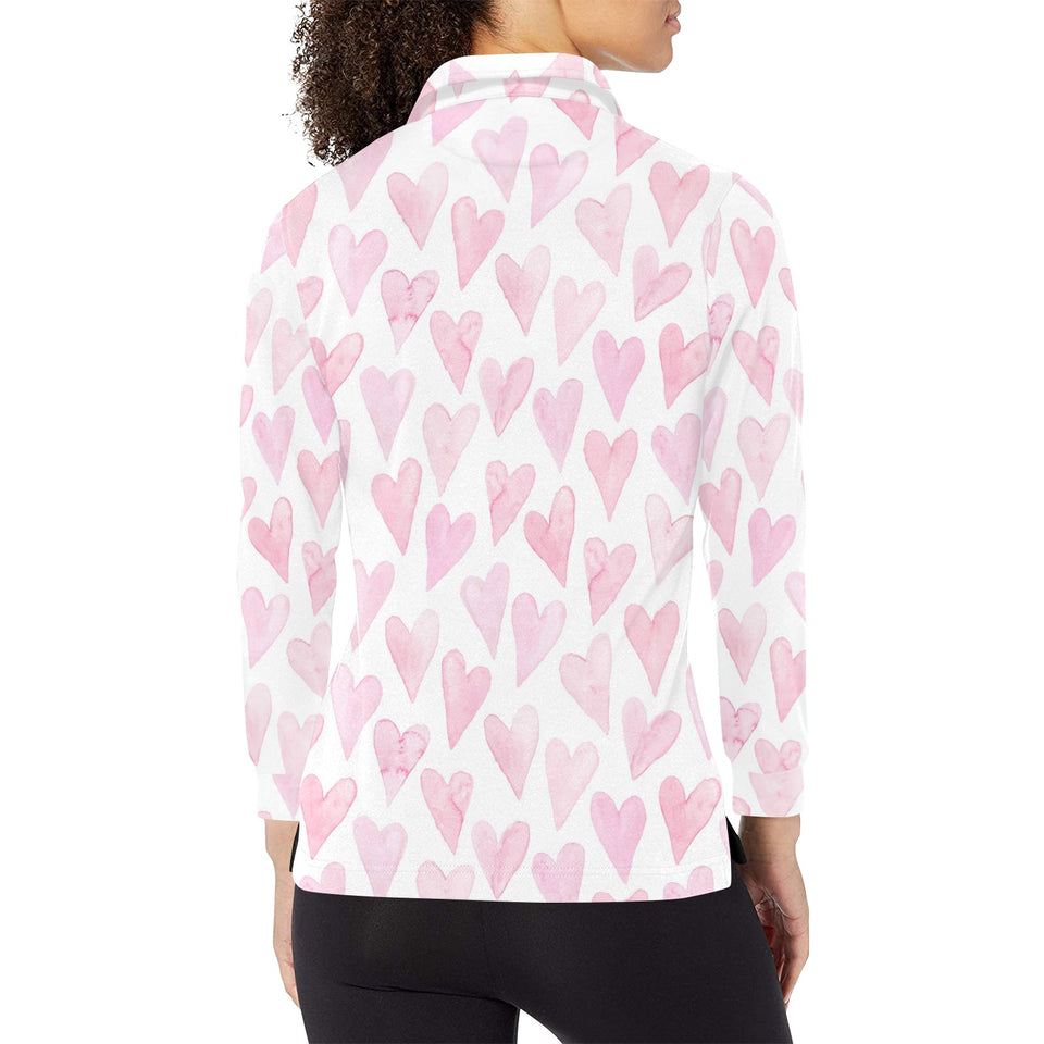 Watercolor pink heart pattern Women's Long Sleeve Polo Shirt