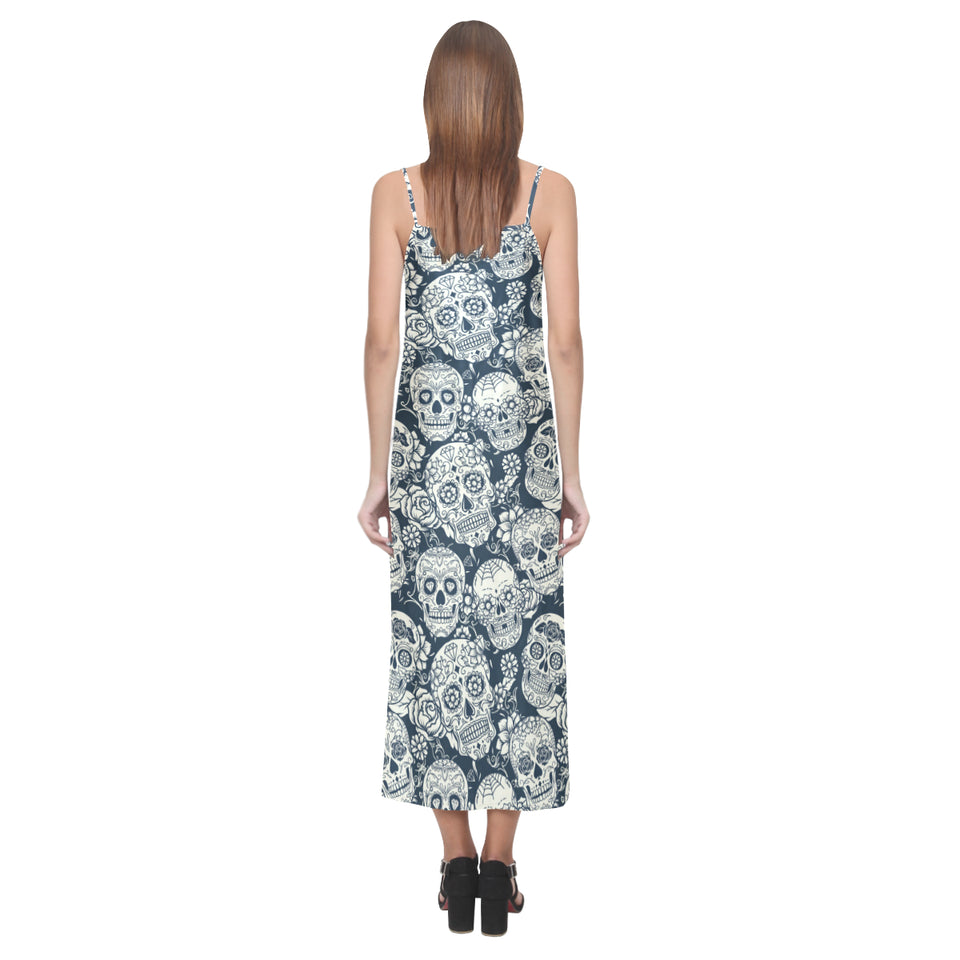 Sugar skull black white pattern V-Neck Open Fork Long Dress