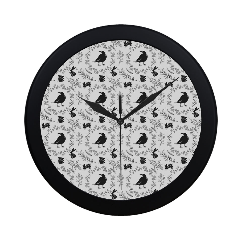 Crows floral wreath rabbit pattern Elegant Black Wall Clock