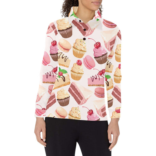 Cake cupcake sweets pattern Women's Long Sleeve Polo Shirt