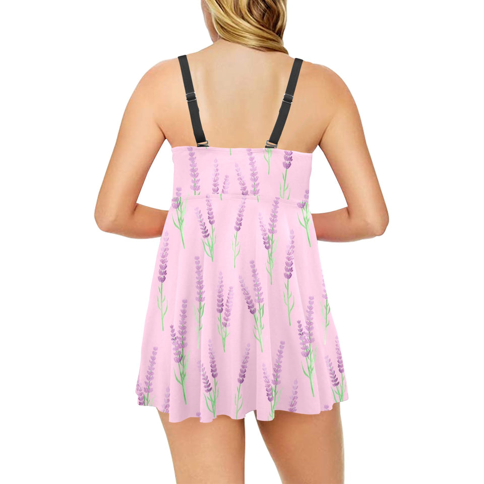 Lavender pattern pink background Chest Sexy Pleated Two Piece Swim Dress