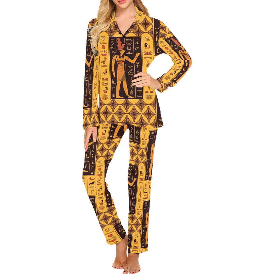 Egypt Hieroglyphics Pattern Print Design 05 Women's Long Pajama Set