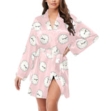 Clock pattern pink blackground Women's Long Sleeve Belted Night Robe