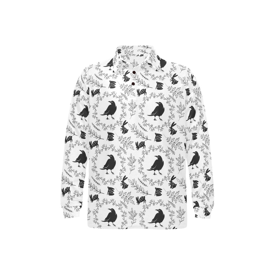 Crows floral wreath rabbit pattern Men's Long Sleeve Polo Shirt