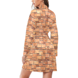 Brick Printed Pattern Print Design 04 Women's Long Sleeve Belted Night Robe
