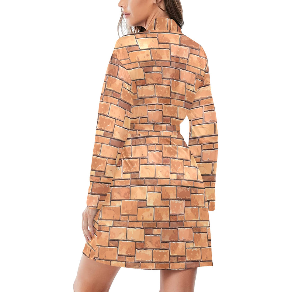 Brick Printed Pattern Print Design 04 Women's Long Sleeve Belted Night Robe