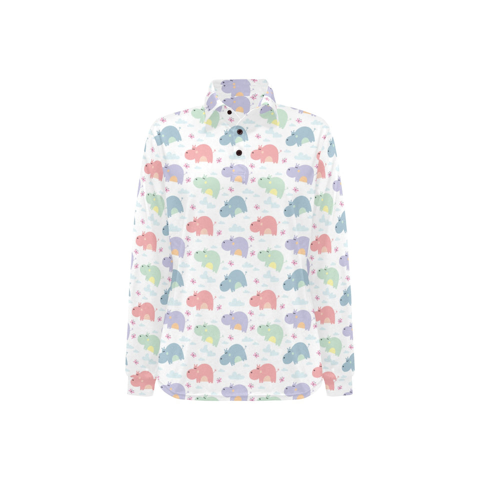 Hippopotamus Pattern Print Design 03 Women's Long Sleeve Polo Shirt