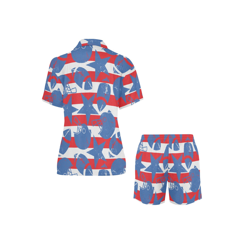 American football ball star stripes pattern Women's V-Neck Short Pajama Set