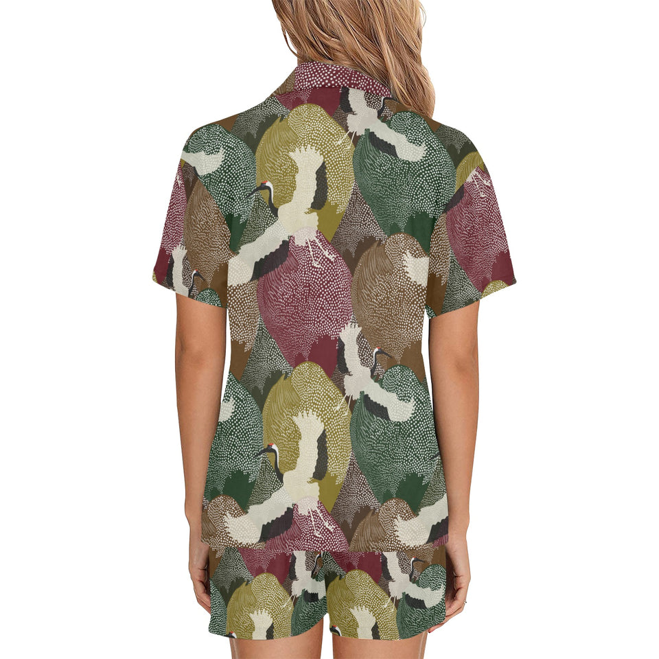 Japanese cranes flying forest dot pattern Women's V-Neck Short Pajama Set