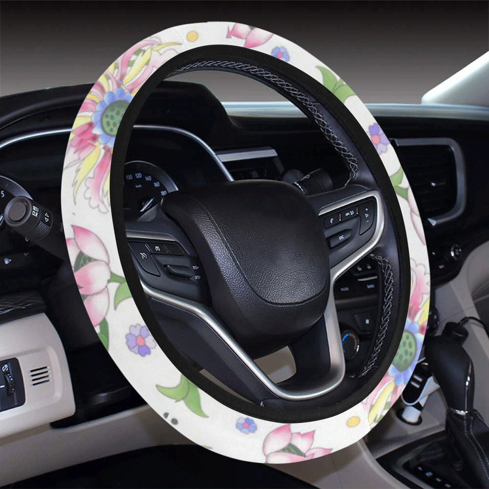 Beautiful pink lotus waterlily leaves pattern Car Steering Wheel Cover