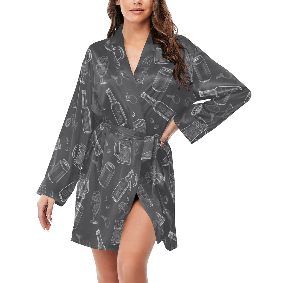 Beer hand drawn pattern Women's Long Sleeve Belted Night Robe
