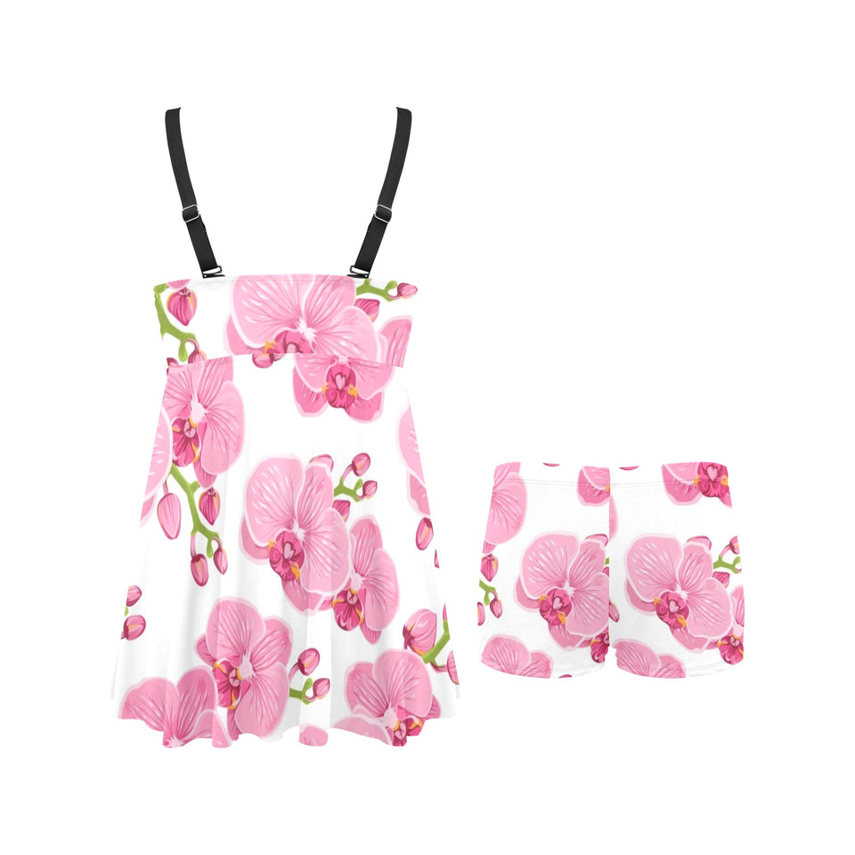 pink purple orchid pattern background Chest Sexy Pleated Two Piece Swim Dress