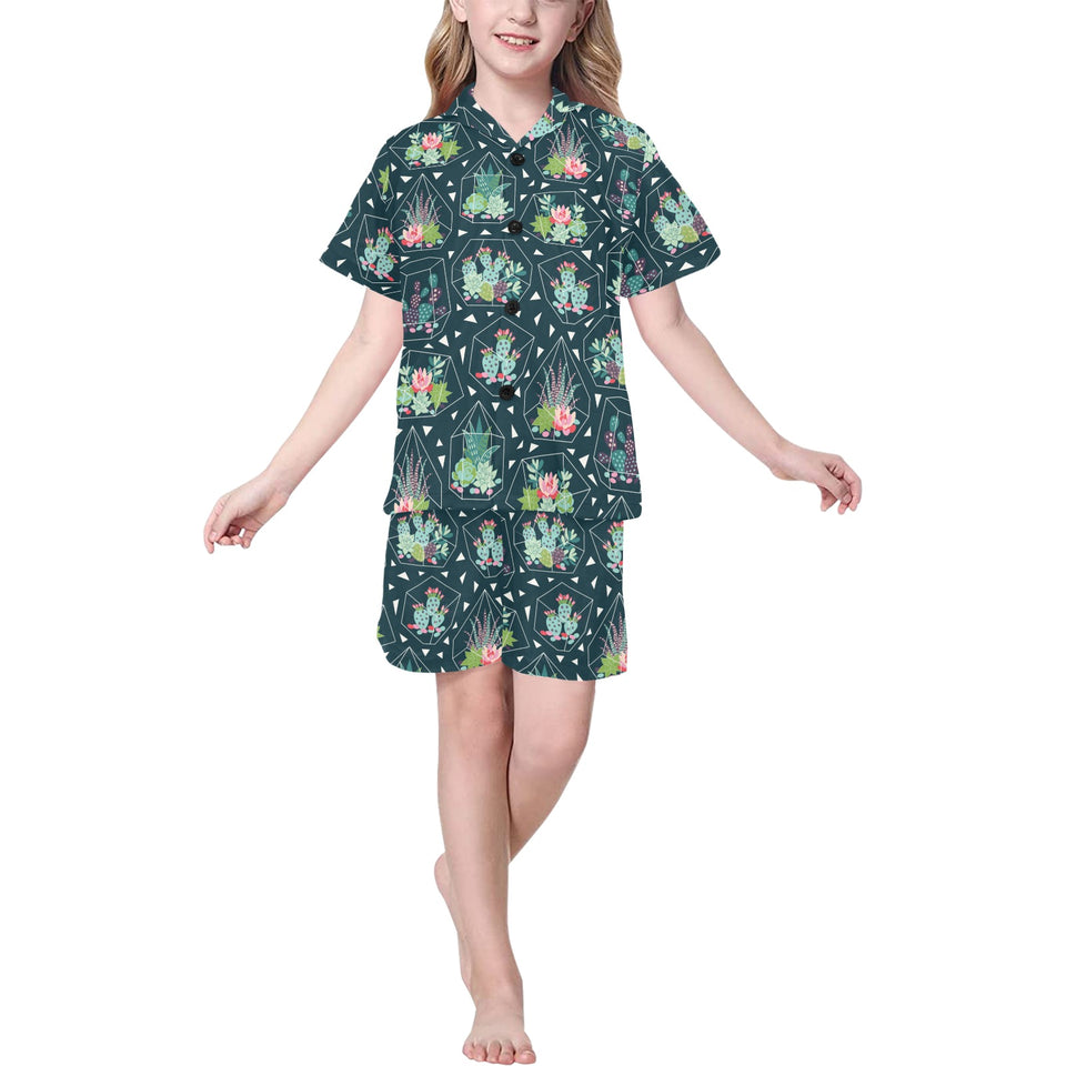 Cactus glass terrarium pattern Kids' Boys' Girls' V-Neck Short Pajama Set