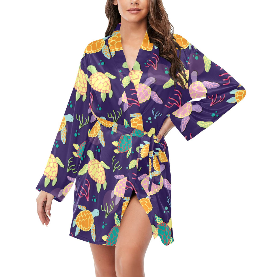 Colorful sea turtle pattern Women's Long Sleeve Belted Night Robe