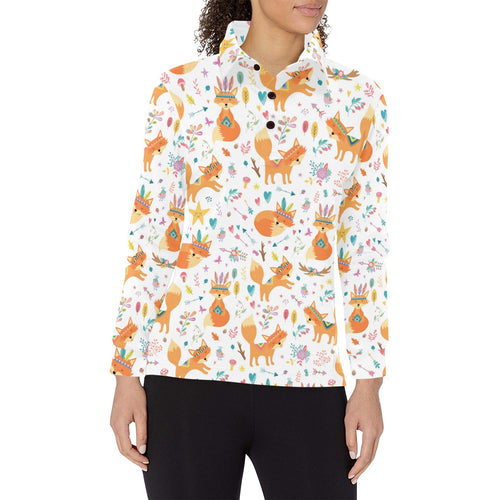 cute tribal fox pattern Women's Long Sleeve Polo Shirt