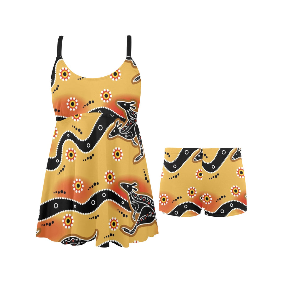 Kangaroo Australian aboriginal art pattern Chest Sexy Pleated Two Piece Swim Dress